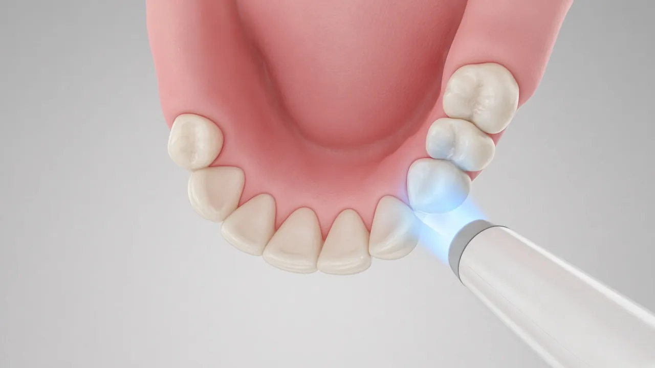 Illustration of an intraoral scanner over the upper teeth, seen from below.
