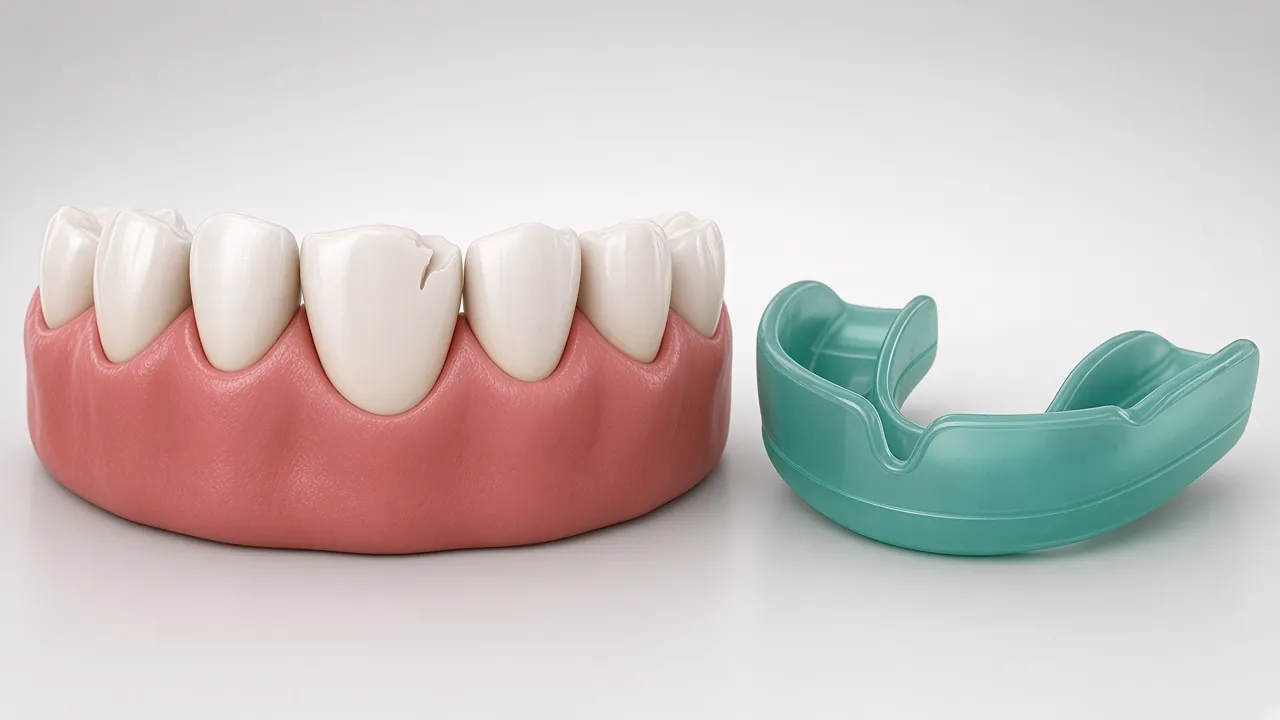 Illustration of a custom sports mouthguard beside an upper jaw model.