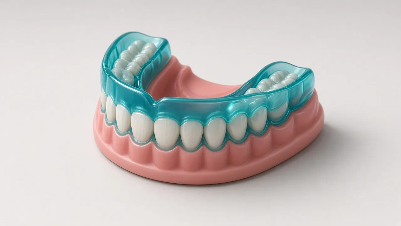 Illustration of a sports mouthguard fitted over upper teeth.
