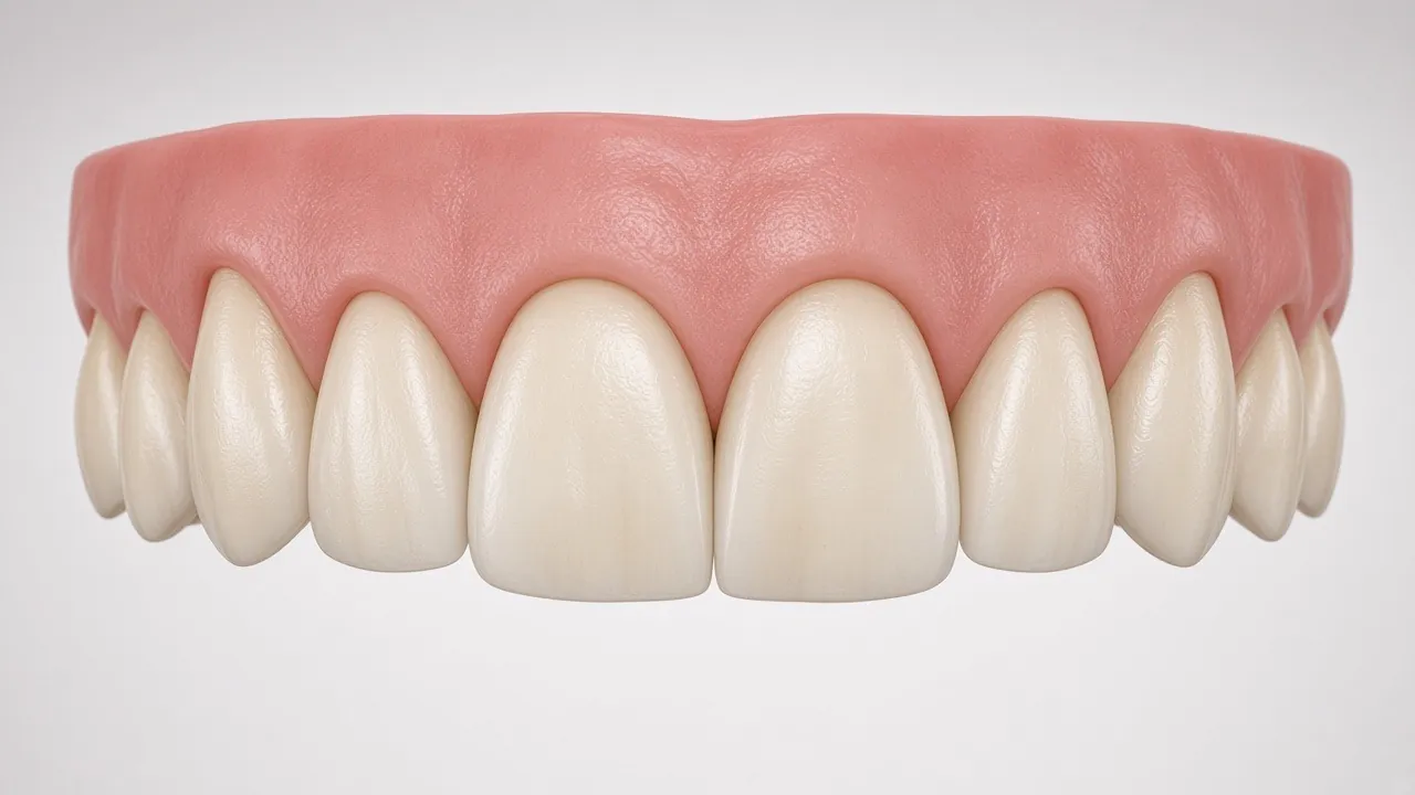 Front-view illustration of upper front teeth with mild yellow staining.