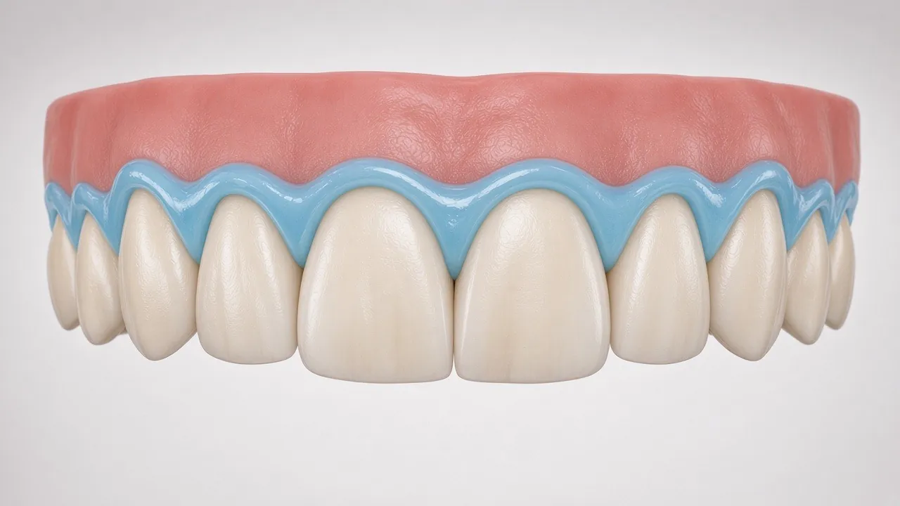 Illustration of a blue protective barrier covering the gum line above the teeth.