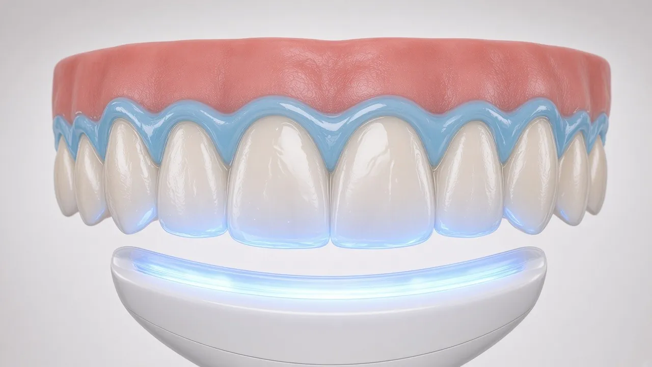 Illustration of a clear gel on the teeth with a soft blue LED light shining on them.