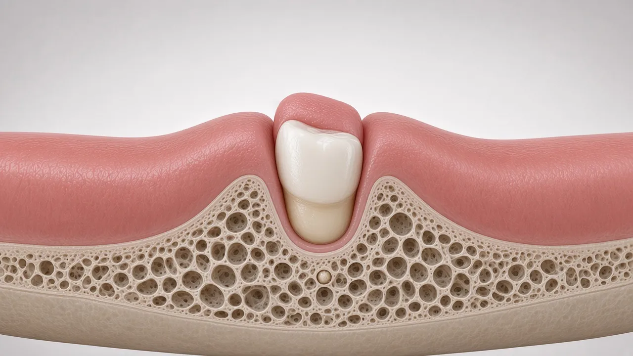 Cross-section illustration of a baby tooth just under the gum of an infant jaw.
