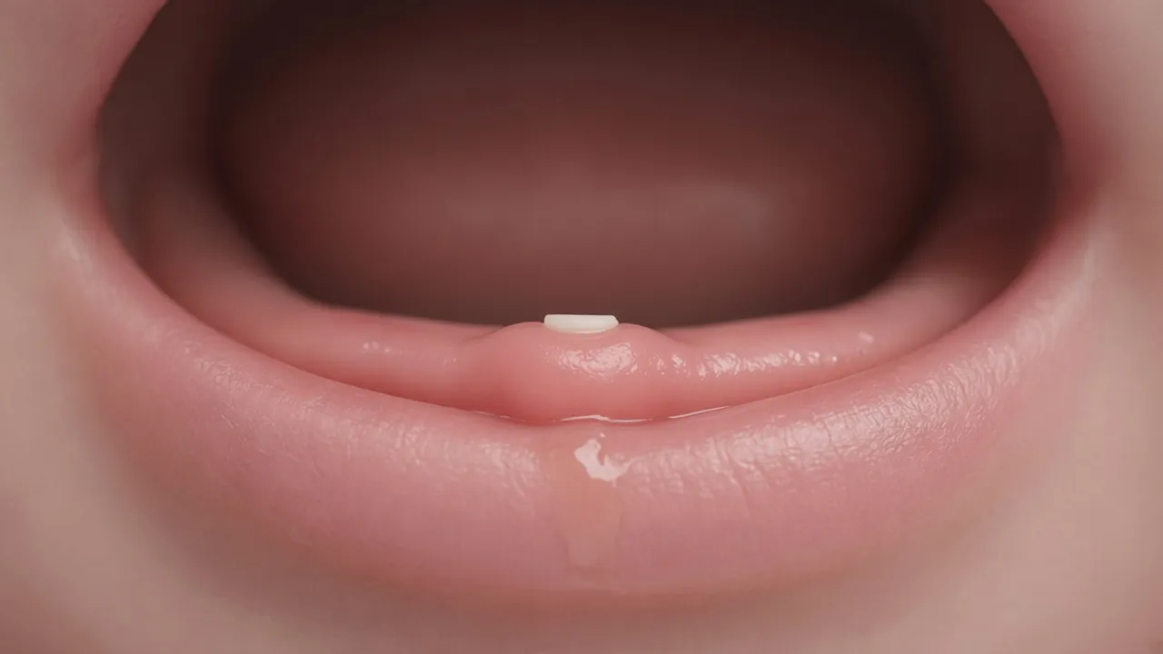 Close-up of a baby’s slightly swollen, red gum where a tooth is about to come through.