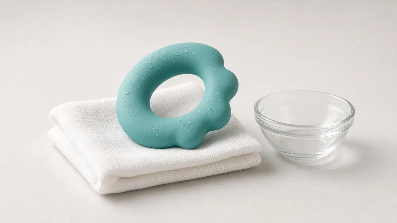 A chilled teething ring resting on a soft cloth.
