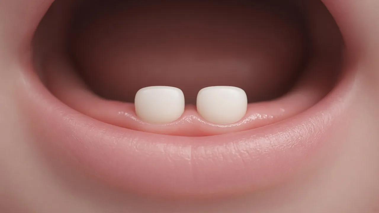 Close-up of a baby’s mouth with the first lower front teeth through.