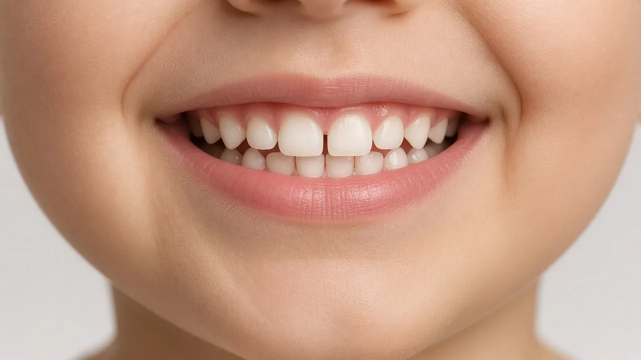 Close-up of a toddler’s baby teeth with the upper and lower front teeth meeting normally.