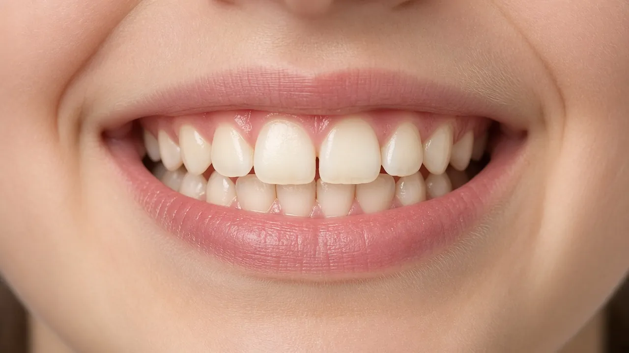Close-up of a child’s mix of baby and adult front teeth in a normal bite.