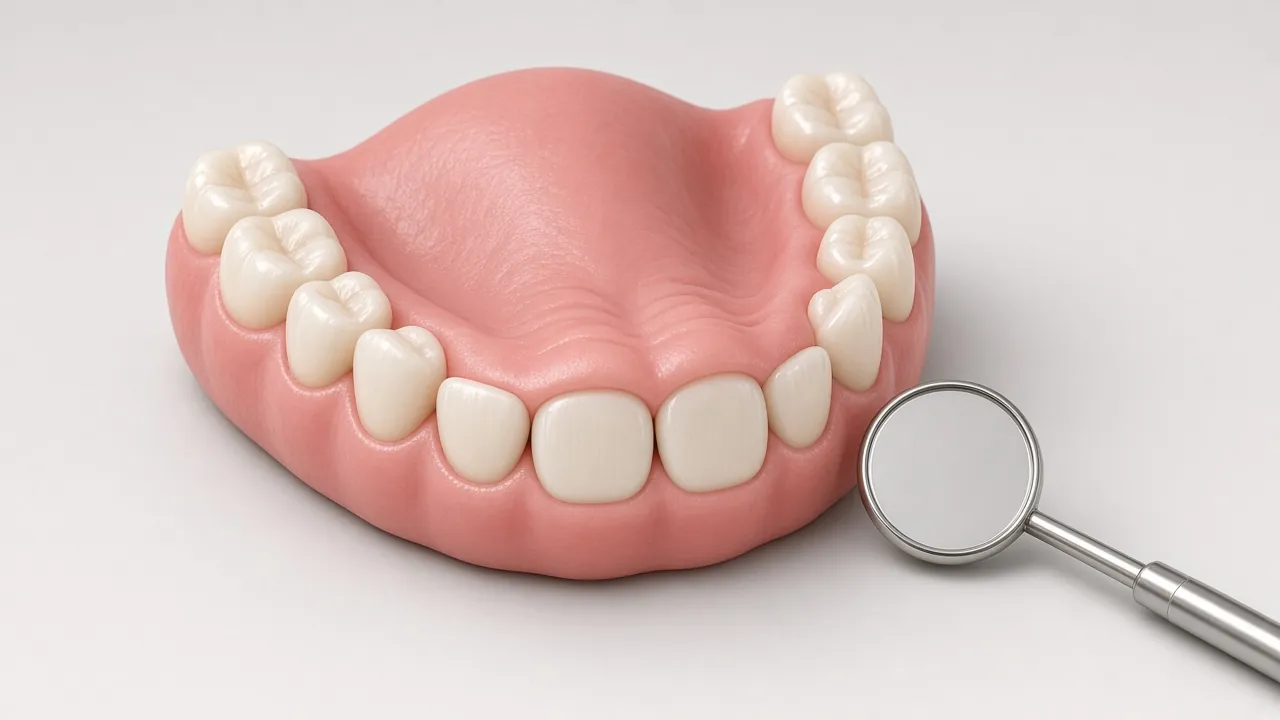 Illustration of a small dental mirror checking the front teeth on a child’s jaw model.