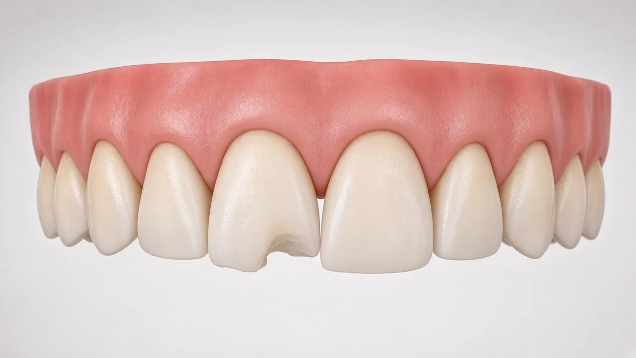 Side cross-section illustration of an upper front tooth with a chipped biting edge.
