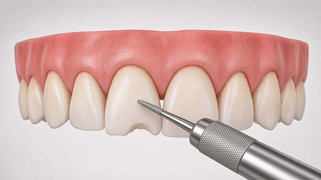 Side cross-section illustration of the front tooth with a thin layer of enamel removed from its front surface.