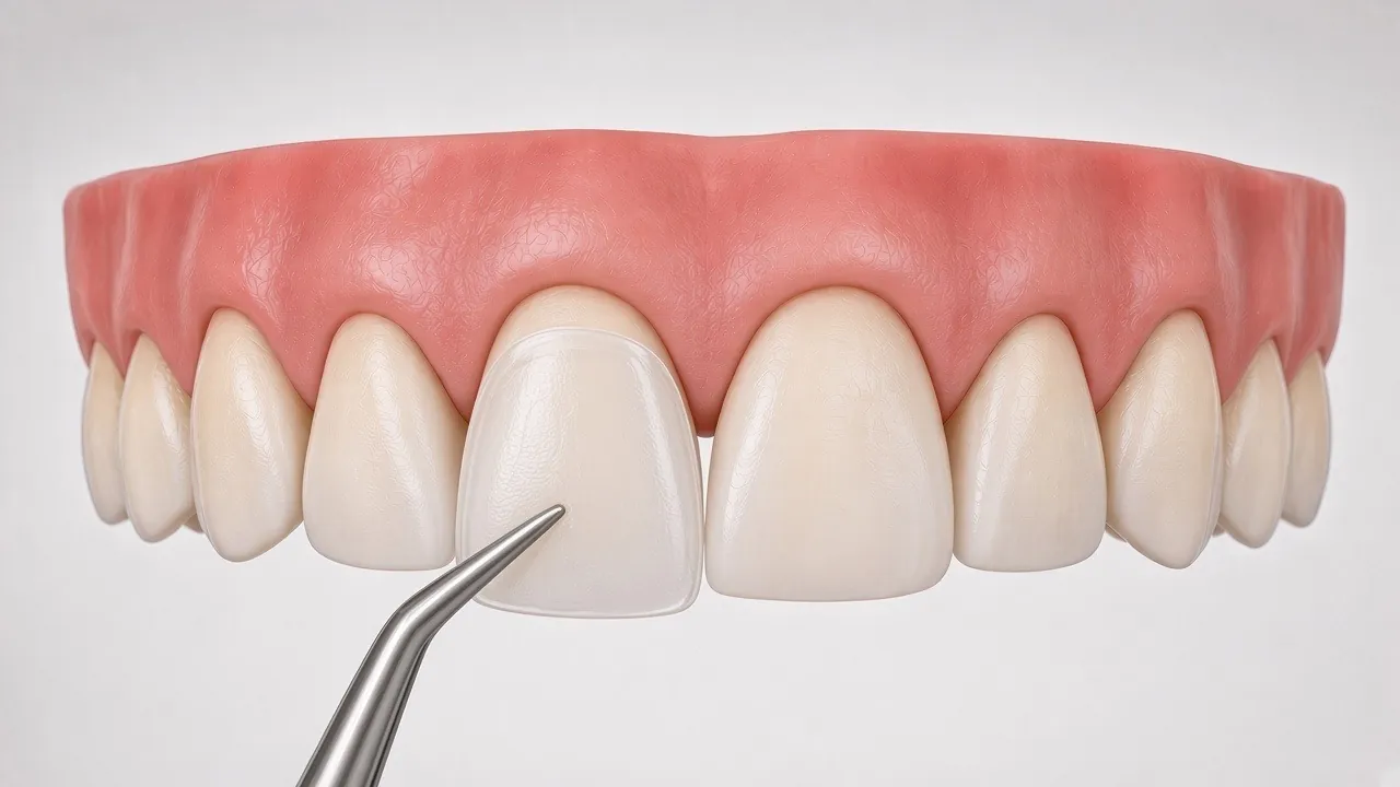 Illustration of a thin porcelain veneer shell positioned in front of the tooth.