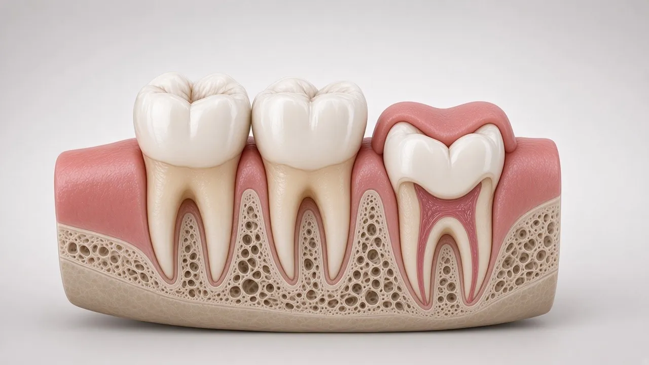 Cross-section illustration of the back of the lower jaw with a wisdom tooth coming through behind the molars.