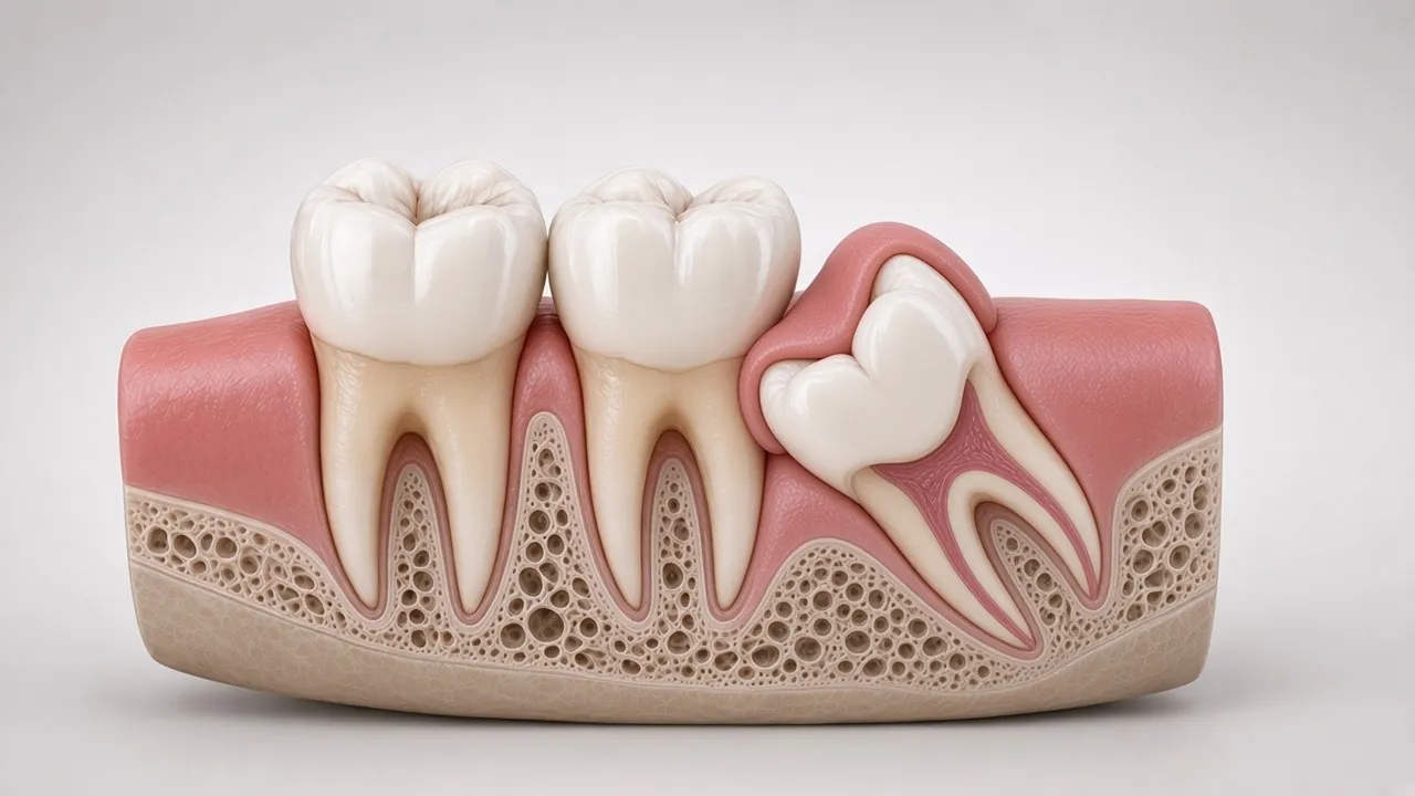 Cross-section illustration of a wisdom tooth tilted against the tooth in front, stuck in the bone.