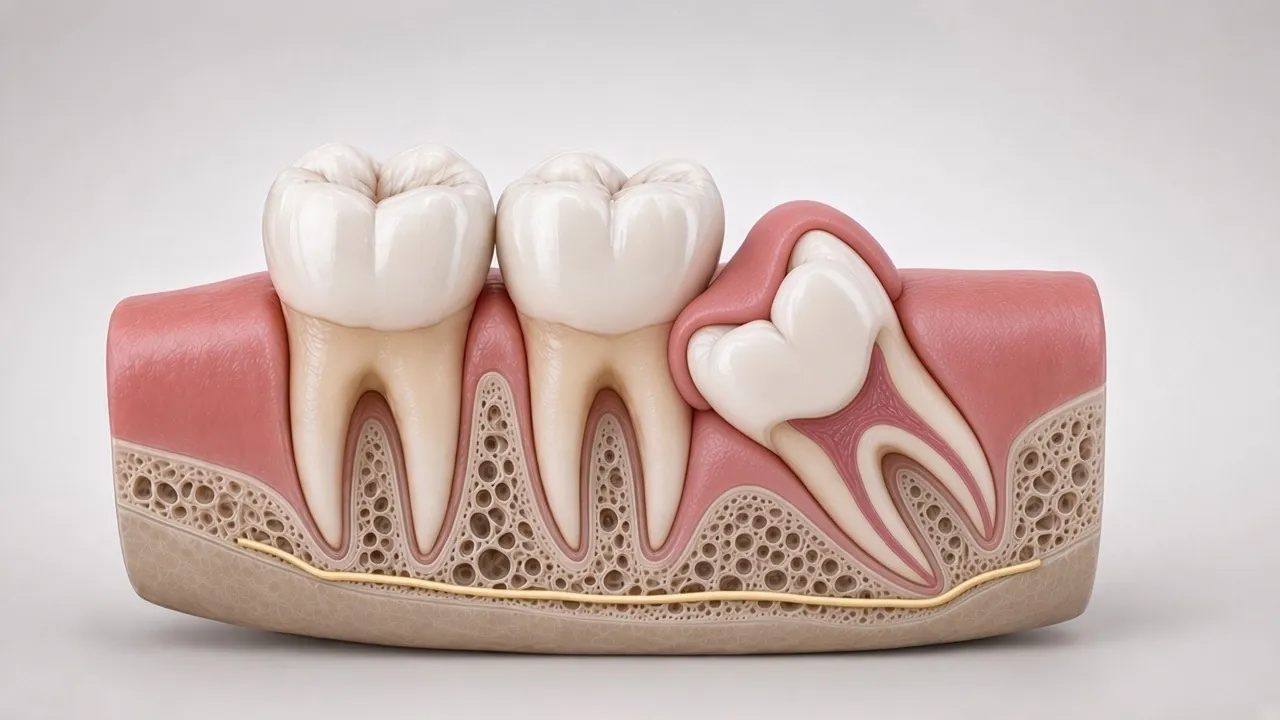 Cross-section illustration of the impacted tooth with the nerve canal visible below its roots.