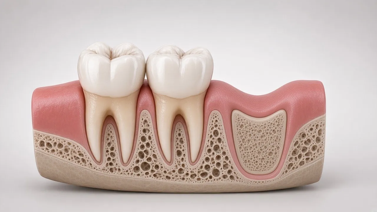 Cross-section illustration of the healing site after the wisdom tooth is removed, second molar intact.
