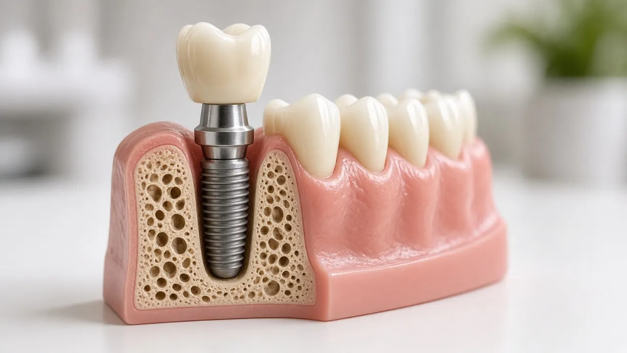 Cutaway model showing an implant post in the jawbone with an abutment and crown on top