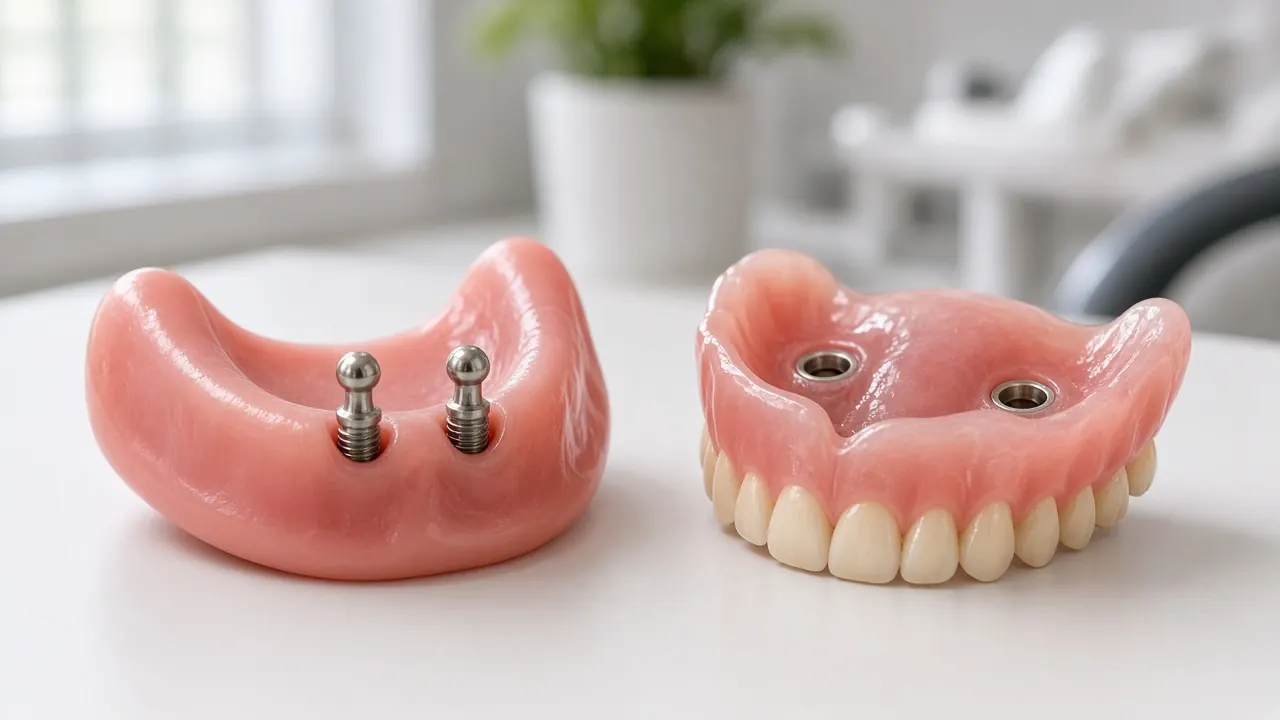 Model of a jaw with implants and a denture that clips onto them