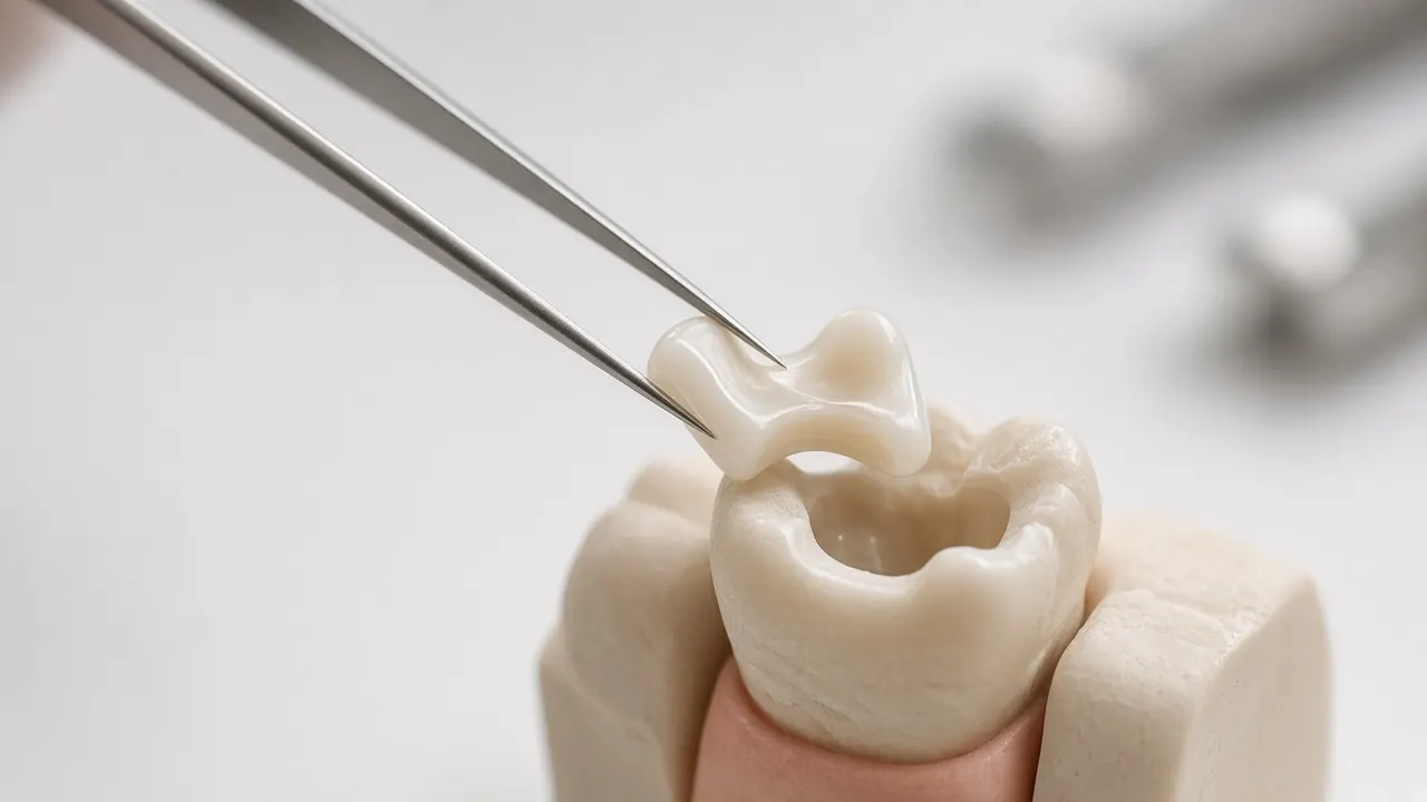 Ceramic inlay and onlay pieces on a dental model