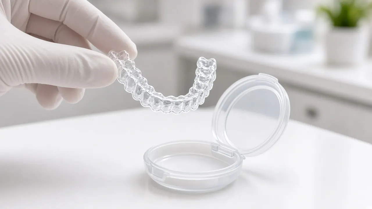 Clear plastic aligners on a dental model
