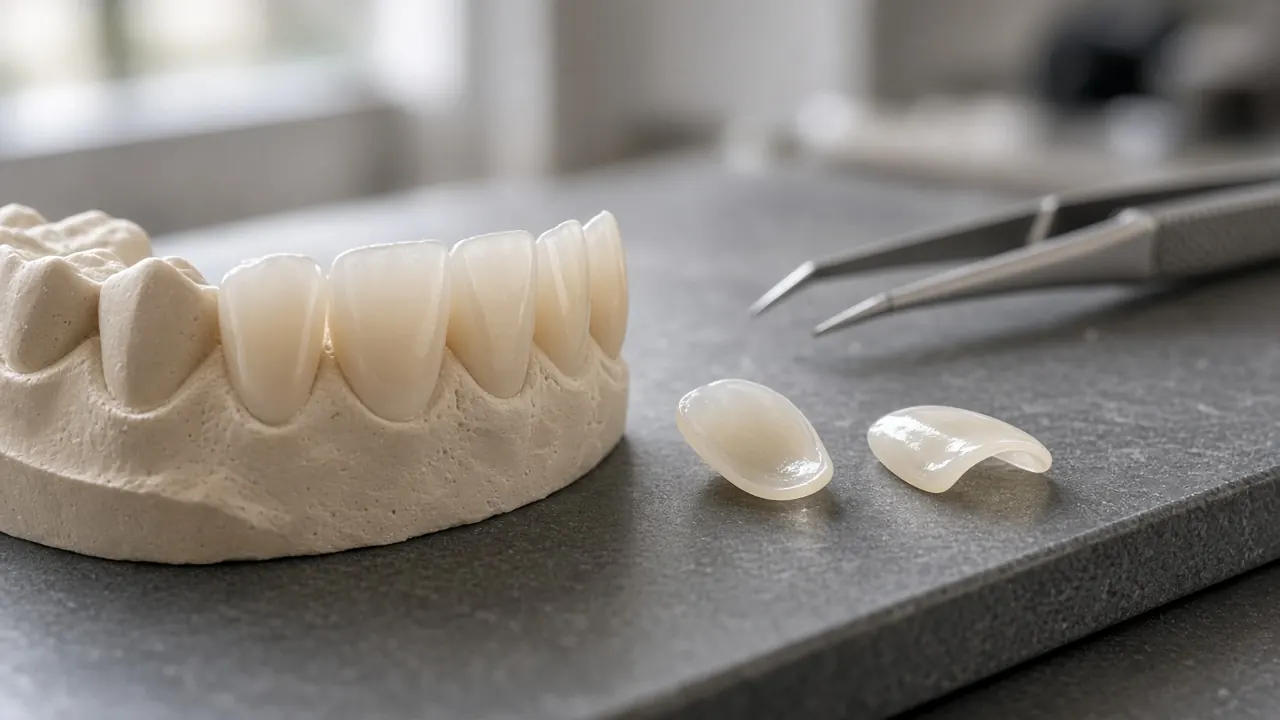 Thin porcelain veneers beside a dental model
