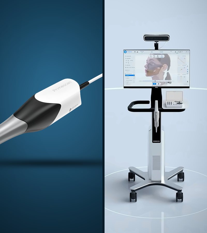 Left, the CEREC Primescan intraoral scanner. Right, the Shining 3D scanner cart with its face scanner and screen.